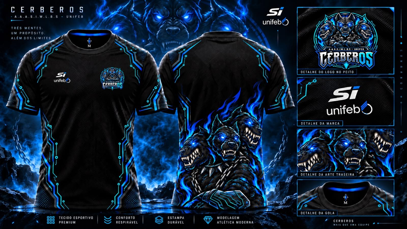 Mockup da camisa oficial CérberOS: frente com emblema no peito e costas com as três cabeças do Cérbero em fogo azul