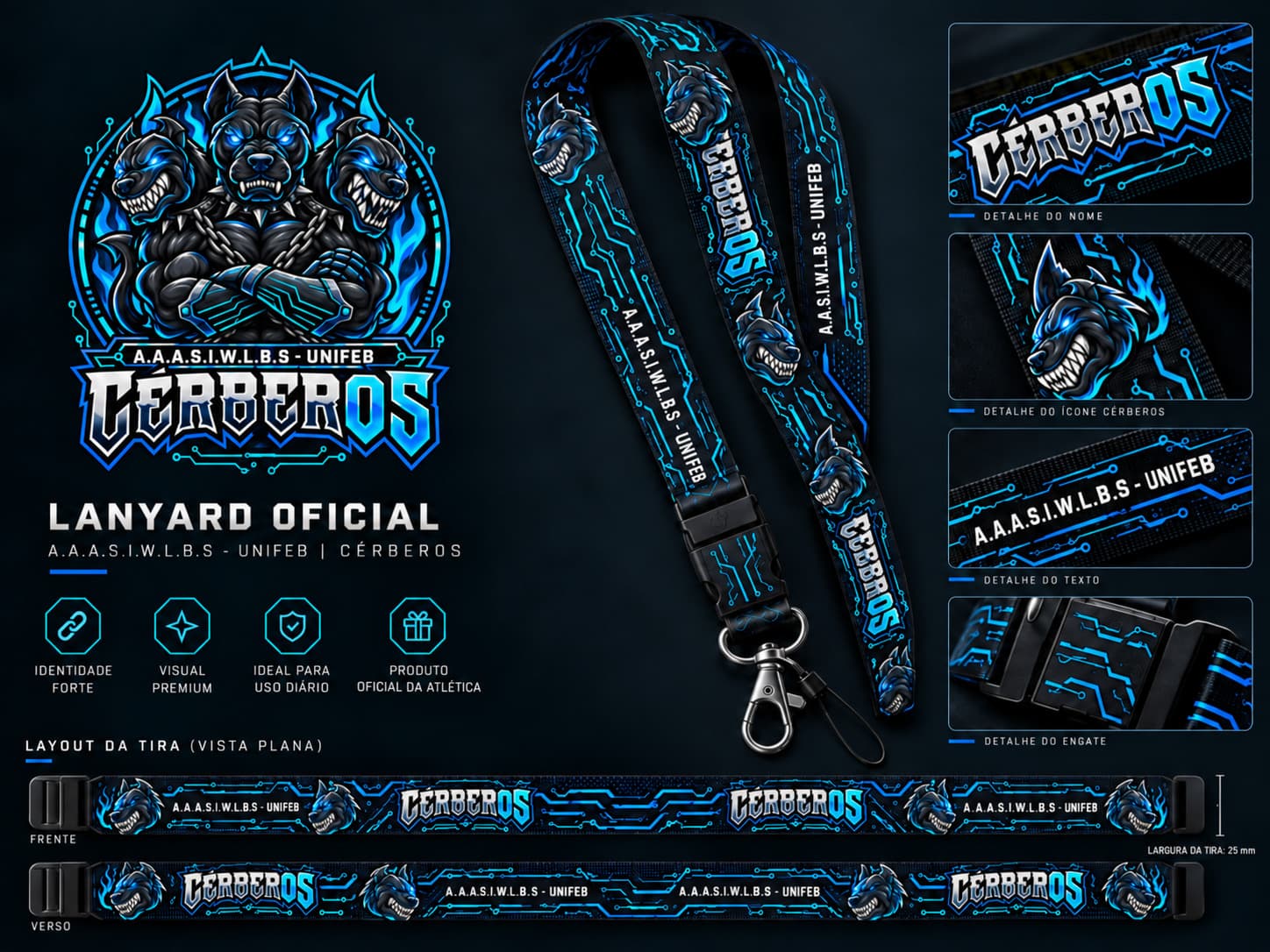 Mockup do tirante oficial CérberOS com o nome, a sigla A.A.A.S.I.W.L.B.S - UNIFEB e engate com mosquetão
